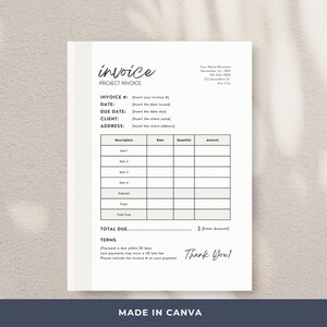 以下が含まれることがあります： 手書きのフォントで「請求書」という言葉が書かれた、白黒の印刷可能な請求書テンプレート。テンプレートには、請求書番号、日付、支払期限、顧客名、住所、説明、料金、数量、金額、小計、税金、総額、支払総額、および条件のフィールドが含まれています。テンプレートには、「ありがとうございました！」というメッセージも含まれています。