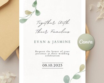 Eucalyptus Wedding Invitation Template: Elegant, Minimalist (Canva Editable, 5x7 Digital Download)
