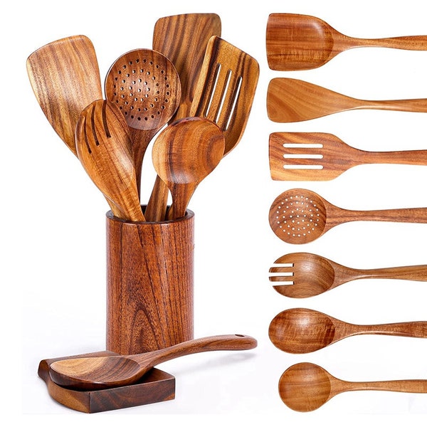 9 PCS Teak Wooden spoons set with utensils Holder/  Kitchen Utensils