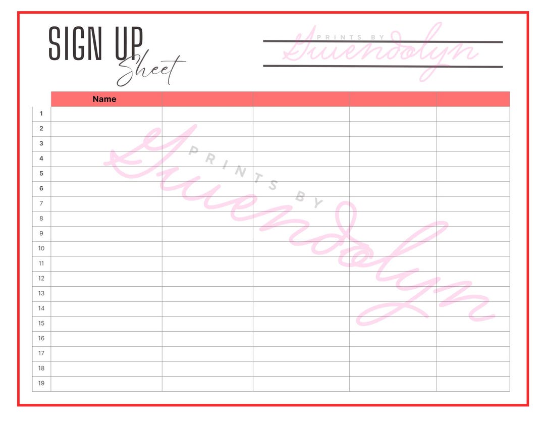 Sign Up Rows Sign up Sheet (numbered)- Red - Etsy