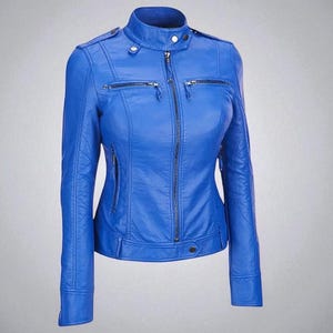 Women Blue Genuine Lambskin Leather Biker Jacket | Slim Fit Motorcycle Jacket for Women | Stylish Genuine Leather Jacket Gift