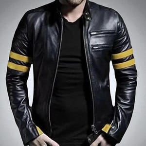 Black Lambskin Leather Biker Jacket: Yellow Stripe Slim Fit Moto Coat