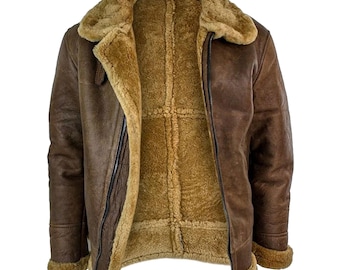 Warm Men's Shearling Jacket | Authentic RAF Pilot Style | Brown Sheepskin Leather Bomber | Cozy Winter Fur Lined Coat | Durable Aviator Gift