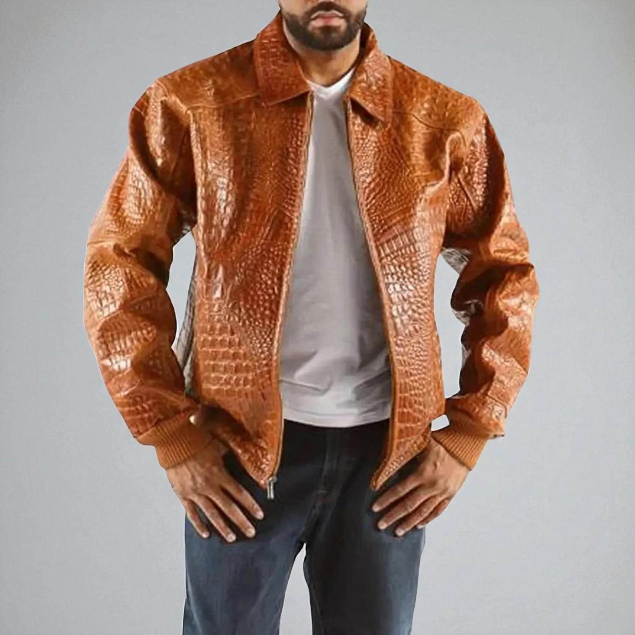 Handmade Crocodile Embossed Leather Jacket: Brown Alligator