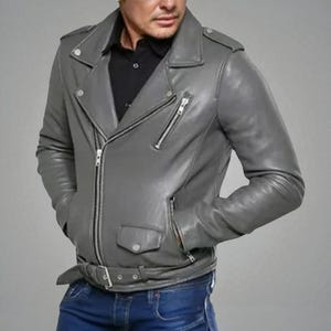 Men&#39;s Gray Lambskin Leather Biker Jacket: Slim Fit, Collared