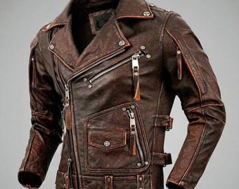 Handmade Cowhide Leather Biker Jacket: Vintage Brando Cafe Racer