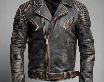 Men's Vintage Distressed Brown Leather Biker Jacket – Genuine Leather, Rugged Style