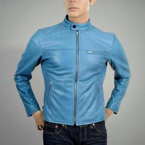 Men,s Genuine Blue Sheepskin Leather Jacket | Premium Biker Motorcycle Jacket with Zipper | Real Leather Outerwear | Gift for Him