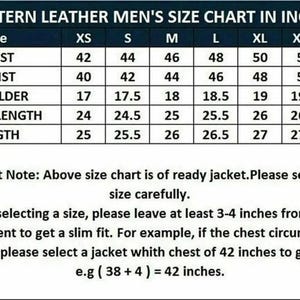 May include: A size chart for western leather jackets, displaying measurements in inches. The chart includes chest, waist, shoulder, sleeve length, and jacket length for sizes XS to XXXL. Important note: select size carefully.