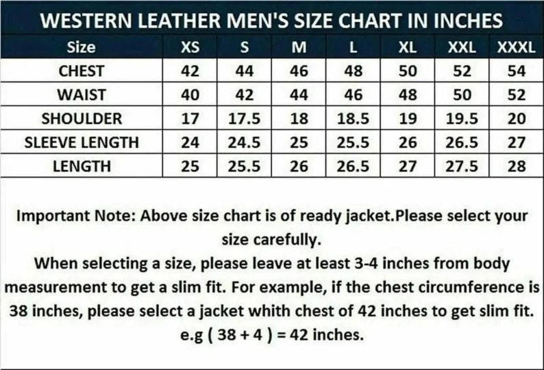 May include: A size chart for western leather jackets, displaying measurements in inches. The chart includes chest, waist, shoulder, sleeve length, and jacket length for sizes XS to XXXL. Important note: select size carefully.