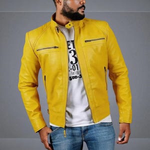 New Men’s Yellow Lambskin Leather Biker Jacket | Slim Fit Genuine Motorcycle Leather Coat for Men | Stylish Outerwear Gift for Him