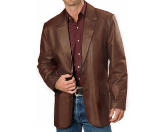 Men's Soft Lambskin Leather Blazer: Two-Button Brown Party Coat