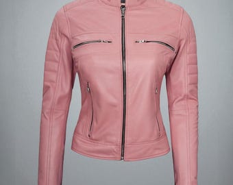 Pink Leather Biker Jacket, Women's Moto Jacket, Quilted Slim Fit Coat, Real Leather Motorcycle Wear, Barbiecore Fashion, Gift for Her