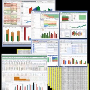 May include: A computer screen displaying multiple spreadsheets and charts with data visualizations. The charts are in various colors, including red, green, blue, and orange. The spreadsheets contain rows and columns of numbers and text. The data is likely related to business or financial analysis.