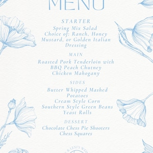 White and Blue Wedding Menu for food- Digital File Download