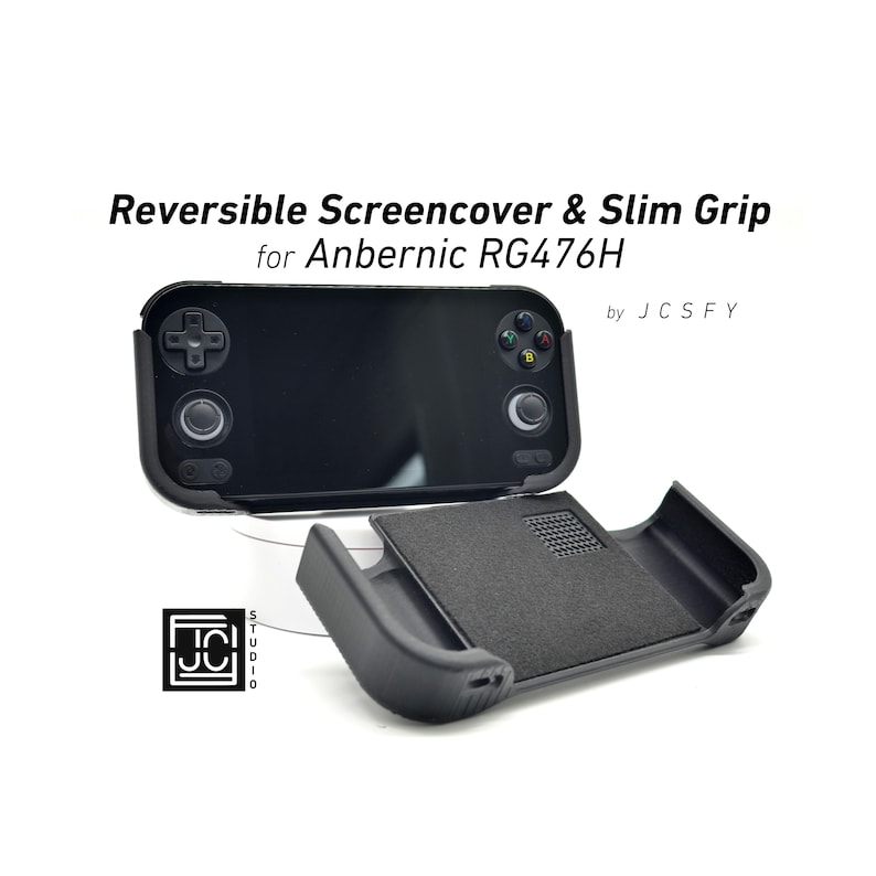 May include: Black screen cover and slim grip for Anbernic RG476H handheld gaming device. The screen cover is reversible and the grip is designed for comfort. The image also includes the logo of the manufacturer, JCSFY.
