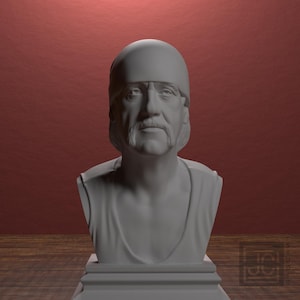 Puede incluir: Busto gris de un hombre con bigote y una cubierta para la cabeza en forma de casco. La escultura está sobre una base rectangular y descansa sobre una superficie de madera contra un fondo rojo. El busto es una representación detallada de una persona.
