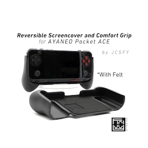 May include: Black AYANEO Pocket ACE console with a reversible screen cover and comfort grip. The console has red and black buttons and a black screen. The screen cover has a felt interior. Text on the image reads "Reversible Screencover and Comfort Grip for AYANEO Pocket ACE by JCSFY".