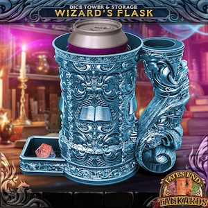 Torre de dados y soporte para jarra de mago con bóveda de dados / Juego de rol Fates End, taza de jugador, almacenamiento de regalo, clases DND de JCSFY