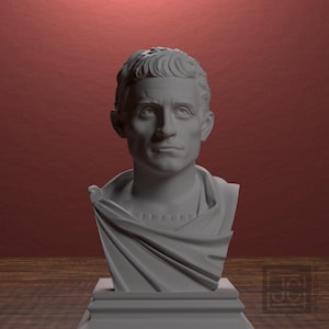 May include: A gray bust of a man with short, curly hair and a draped garment. The sculpture is set on a rectangular base and is against a red background. The bust is a classical art piece.