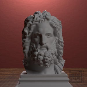 Puede incluir: Busto blanco de un hombre barbudo con cabello rizado, sobre una base rectangular. El fondo es rojo. Esta escultura clásica evoca el arte antiguo, representando una figura histórica.