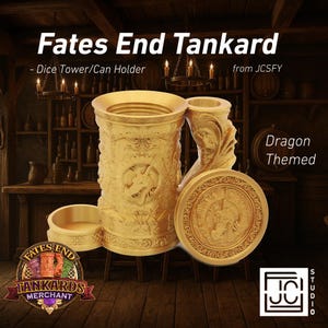 May include: A cream-colored, dragon-themed tankard with intricate relief carvings. The tankard includes a dice tower/can holder and a matching lid. The text "Fates End Tankard" is displayed at the top of the image.