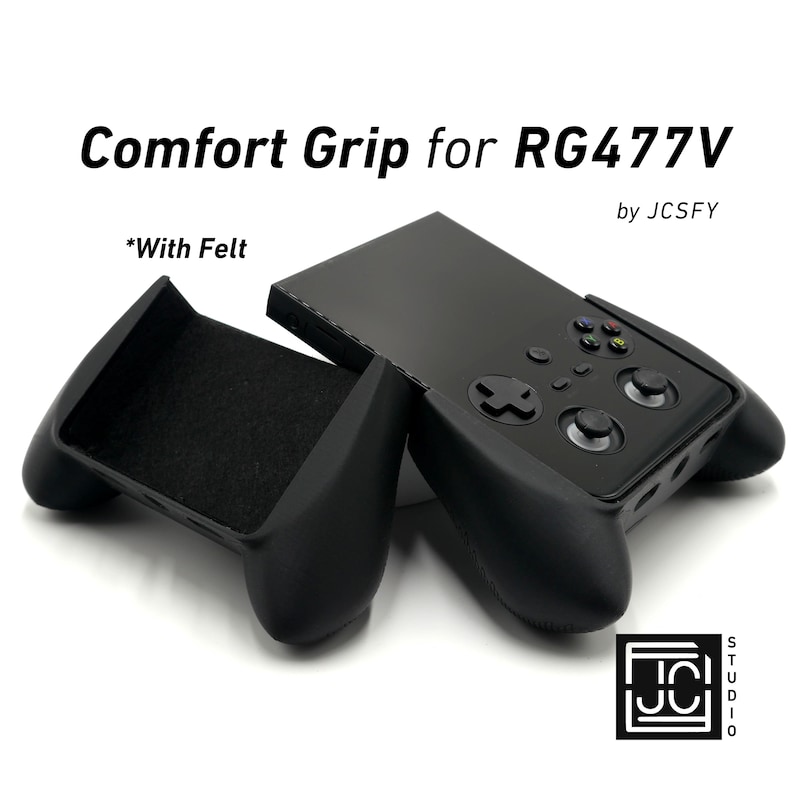 May include: Black comfort grip for RG477V handheld gaming device. The grip features a felt interior and is designed to enhance comfort during gameplay. The image includes the text "Comfort Grip for RG477V" and "*With Felt".