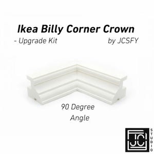 May include: White corner crown molding upgrade kit for Ikea Billy bookcases. The text reads "Ikea Billy Corner Crown - Upgrade Kit by JCSFY" and "90 Degree Angle". The molding is a right angle shape.