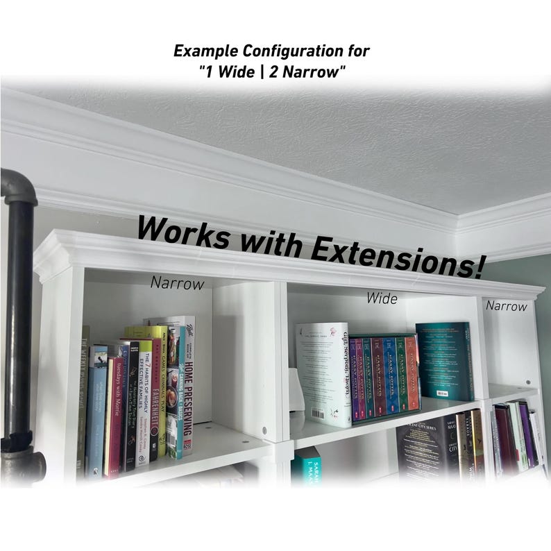 May include: White built-in bookcase with three sections labeled "Narrow" and "Wide". The bookcase is filled with books of various colors and sizes. Text on the image reads "Works with Extensions!" and "Example Configuration for 1 Wide | 2 Narrow".