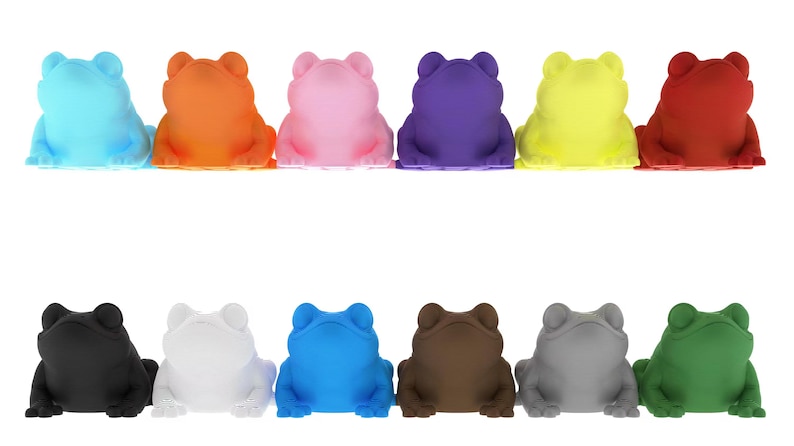 Op de afbeelding: Een verzameling van twaalf kikkerbeeldjes in verschillende kleuren, waaronder blauw, oranje, roze, paars, geel, rood, zwart, wit, bruin, grijs en groen. De kikkers zitten allemaal.