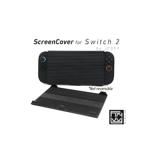 以下が含まれることがあります： JCSFYのSwitch 2用ブラックScreenCover。画像には、黒いスクリーンカバーとスタンドが写っています。スクリーンカバーはリブのデザインです。スタンドは黒色で長方形です。「Not reversible」の文字が見えます。