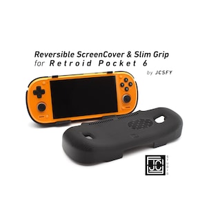 Puede incluir: Un dispositivo de juego portátil naranja y negro con una pantalla negra y botones. Una cubierta protectora negra está debajo. El texto "Reversible ScreenCover & Slim Grip for Retroid Pocket 6" está arriba.