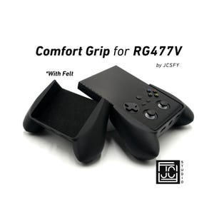 May include: Black comfort grip for RG477V handheld gaming device. The grip features a felt interior and ergonomic design. The image includes the text "Comfort Grip for RG477V" and "by JCSFY".