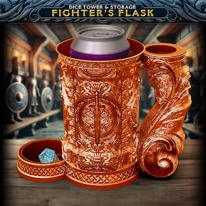 May include: A copper-colored Fighter's Flask dice tower and storage unit with intricate relief carvings. The design includes a sword, shield, and decorative patterns. A silver can with a purple top sits inside the tower. The text "FIGHTER'S FLASK" is at the top.