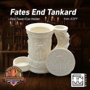 May include: Off-white Fates End Tankard dice tower and can holder set. The set includes a cylindrical tower, a round base, a small bowl, and a curved piece. The tankard is decorated with an axe and other relief details. The text "Fates End Tankard" is visible.