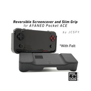 May include: Black reversible screencover and slim grip for AYANEO Pocket ACE. The handheld gaming device has a black body with red and black buttons. The grip is a textured black. The text "Reversible Screencover and Slim Grip" is visible.