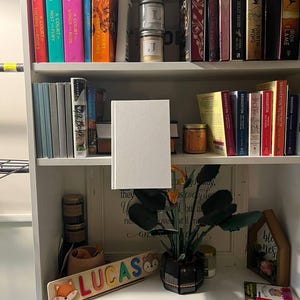 May include: A white bookshelf filled with books of various colors and sizes. Decorative items include candles, a wooden name puzzle that says "LUCAS", and a small potted plant. The books are the main focus, suggesting a literary theme.