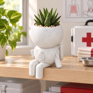 May include: A white speckled ceramic planter shaped like a seated astronaut, featuring a round head that holds a green Haworthia succulent plant. The astronaut figure has a smooth, matte finish with small dark speckles and a detailed chest emblem.