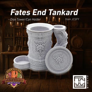 May include: A gray dice tower and can holder set with the text "Fates End Tankard". The set includes a cylindrical tower, a small bowl, and a round lid, all with a detailed, carved design.