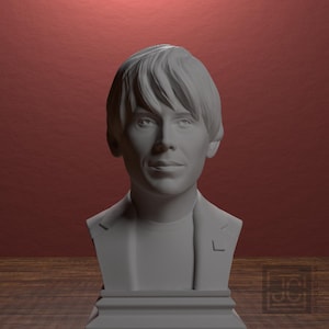 May include: A grey bust sculpture of a person with short, layered hair and a blazer. The sculpture is on a pedestal against a red background. The bust is a 3D rendering.
