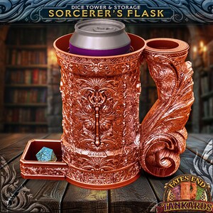 May include: A copper-colored Sorcerer's Flask dice tower and storage unit with ornate detailing, holding a can. The design includes a tray for dice and the text "SORCERER'S FLASK". The handle is intricately designed, and the base has the text "FATES END TANKARDS".