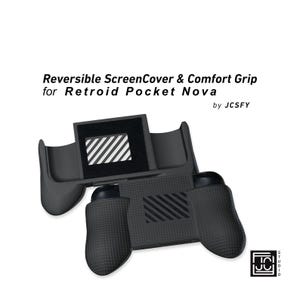 May include: A black reversible screen cover and comfort grip for the Retroid Pocket Nova by JCSFY. The accessory features a textured surface with diagonal stripes on the back and a padded interior. The text reads: Reversible ScreenCover & Comfort Grip for Retroid Pocket Nova by JCSFY.