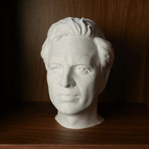 以下が含まれることがあります： 男性の頭部の詳細なオフホワイトの胸像で、顔の特徴と髪の毛が示されています。彫刻は、暗い木製の棚の上に配置され、暗い木製の背景があります。