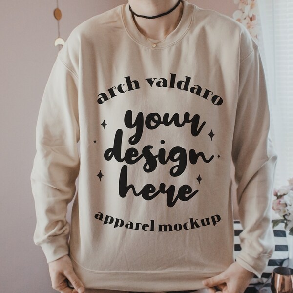 Gildan 1800 Sand Sweatshirt Mockup, Digital Download Shirt Mockup Image, Sweater Model Mock for Small Shop, Beige Sweatshirt Mock Boho Style