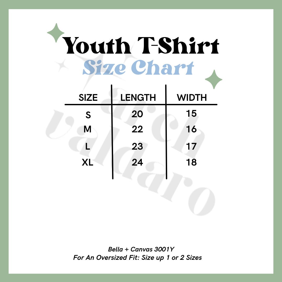 Bella Canvas Size Chart for 3001Y Shirts, Simple Size Chart for Youth T ...