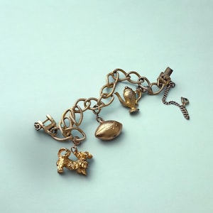 Vintage Coro Cellini Charm Bracelet | Gold-Plated Electroclad | Charms Dog, Teapot, Football | 1950s 1960s Collectible Gift idea | Signed