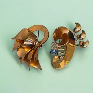 Vintage Jordan Brooches: 1940s, Gold Vermeil, Sterling Silver, Blue and clear crystals