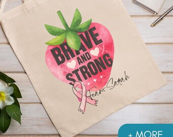 Personalized Breast Cancer Tote Bag, Brave And Strong Team Gift, Pink Ribbon Canvas Bag, Survivor Support Gift, Cancer Warrior Bag