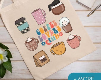 Coffee Lovers Tote Bag, Retro Canvas Tote With Cups Illustration, Funny Gift For Coffee Addict, Reusable Market Bag For Her, Cute Coffee Bag