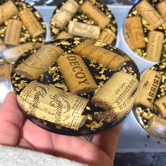 Handmade Wine Cork Resin Coaster with Gold Leaf, Eco Friendly Bar Decor, Wine Lover Gift, Rustic Luxe Home Accent